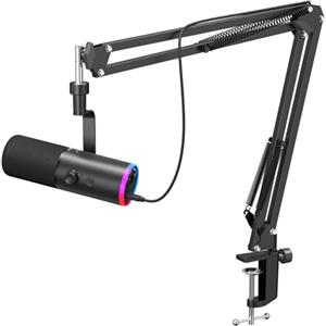 TONOR Microfono Gaming Dinamico per PC, Microfono Cardioide Streaming XLR/USB con Braccio per Podcasting/Studio, Cancellazione Rumore IA, RGB Controllabile, Jack Cuffie 3,5 mm, Nero, TD510 AIR H+