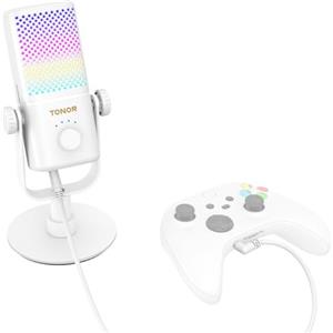 TONOR Microfono Gaming compatibile con Xbox, Microfono a Condensatore RGB per Streaming con Durata Della Batteria di 30 Ore, One-touch Mute, Compatibile con Xbox, Bianco,200cm, TCX3