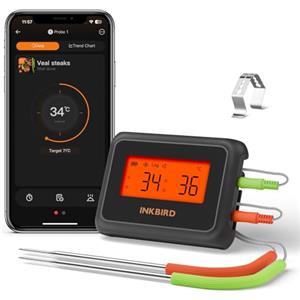 Inkbird Bluetooth Termometro Cucina Digitale a Doppia Sonda,INKBIRD Termometro Carne Barbecue con App,Allarmi di Temperatura e Timer per Forno Griglia BBQ Alimenti Olio Frittura