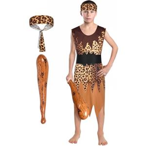 AYBUY Costume delle Caverne, 4PCS Costume di Cavernicolo e Accessori, Costume Preistoria Bambini, Costume Primitivo Bambini per Halloween Carnevale Spettacolo di Festa, L
