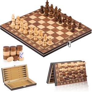 fioay Scacchiera in Legno,3 in 1 Scacchiera Pieghevole,Magnetici Scacchi, Backgammon, Dama per Bambini e Adulti Feste Attività di Famiglia(29 * 29cm)