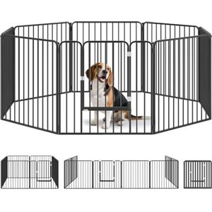 PawHut Box per Cani 8 Pannelli Modulabili in Acciaio 164x164x80 cm Nero | Taglia Piccola, Media e Grande, Interno ed Esterno, Recinzione Cancello per Cani, 9 Picchetti