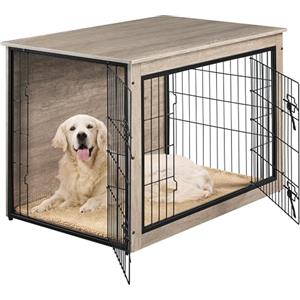 Yaheetech Gabbia per Cani Gatti, Tavolino Armadietto Box Kennel con Doppie Porte, a Rete in Legno, da Interno per Casa, 96 x 65 x 67,5 cm, Grigio