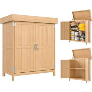 Outsunny Casetta in Legno da Giardino con 2 Ante 74x43x88 cm Color Legno | Armadio da Esterno Porta Attrezzi da Giardino, Tetto Apribile