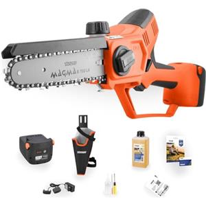 STOCKER - Motosega Magma E-150 LA 21V Elettrica con Batteria Power 2,6Ah Fast Charge e Caricabatterie Doppio 21V, 12 m/s, Motore Brushless 400W, Fodero, Garanzia Estendibile fino a 60 mesi