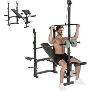 SPORTNOW Panca Palestra Multifunzione Regolabile con Rack Bilanciere, Panca Preacher Curl, Panca Pesi Inclinabile Piana con Leg Extension, Barra Lat Pull Down, Allenamento Palestra Casa, Nero