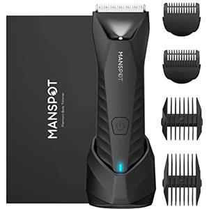 MANSPOT Manscape - Rasoio elettrico per peli pubici e corpo da uomo, con lame in ceramica sostituibili, impermeabile per uso bagnato/asciutto, dock di ricarica in piedi, rasatura 90 minuti (nero)