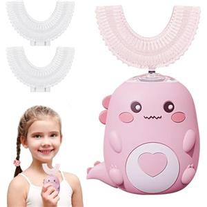 Kouamor Spazzolino da denti elettrico ad ultrasuoni U 360º per bambini, bambini piccoli, con 3 testine di spazzola in silicone U, timer 60s e 2 velocità, Ipx7 impermeabile, per 2-12 anni ragazzi ragazze (rosa