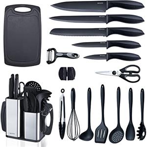 RAXCO Set di coltelli da cucina con blocco, 18 pezzi di utensili da cucina con 5 coltelli e 7 spatole in silicone (Nero)