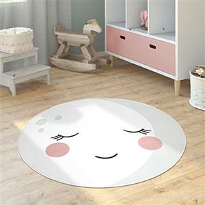 Paco Home Tappeto Bambini Cameretta Rotondo Moderno Femmine Maschi Luna Koala Leone, Dimensione:80 cm tondo, Colore:Crema