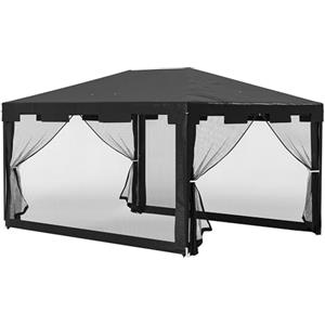 Outsunny Gazebo 4x3 m con Zanzariera e 2 Ingressi, Gazebo da Giardino in Metallo e PE, Grigio Scuro