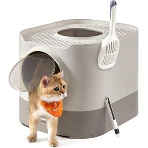 Feandrea Lettiera per Gatti Chiusa, Toilette per Gatti di Diverse Taglie XXL, con Coperchio, Vassoio Estraibile, Paletta, Spazzola, Meno Tracce, Colore Avena e Grigio Caldo PPT002G01