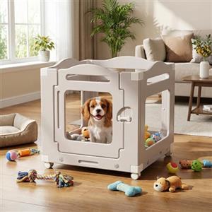 MAMIZO Recinto per Cani Acrilico 63 × 68 cm, Box per Cuccioli con Ruote e Base, Box per il Parto Cani con Cuscinetto Impermeabile, 3+1 PCS Pannelli Parco per Cani adatto Appartamento, Grigio Caldo