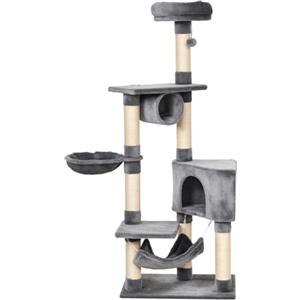 PawHut Tiragraffi a Colonna per Gatti con Cuccia, Amaca, Lettini Sospesi e Pali in Corda Sisal, Grigio, 60x40x154cm