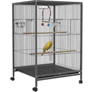 PawHut Gabbia per Uccelli in Acciaio e Plastica PP con 5 Porte, 2 Posatoi, Altalena e Vassoio Estraibile, 48x46x78 cm, Grigio