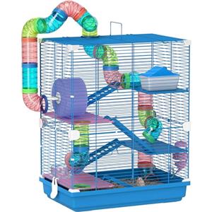 PawHut Gabbia per Criceti a 5 Livelli con Tubi, Ruota, Casetta, Scale e Bottiglia, Gabbietta per Roditori in Metallo e Plastica, 46x30x58 cm, Blu Scuro