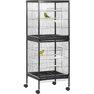 PawHut Gabbia per Uccelli 2 in 1 Voliera per Interni con 4 Ruote Girevoli, Vassoi Estraibili e Contenitori in Plastica, 51.5x50x140 cm, Nero