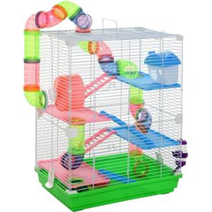 PawHut Gabbia per Criceti a 5 Livelli con Tubi, Ruota, Casetta, Scale e Bottiglia, Gabbietta per Roditori in Metallo e Plastica, 46x30x58 cm, Verde