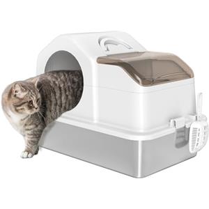 PawHut Lettiera per Gatti Chiusa con Maniglia e Tappetino per Raccolta Sabbia, Lettiera per Gattini in Acciaio Inox, PP e ABS, 60.5x40.5x45 cm, Bianco e Argento