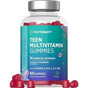 Horbäach Multivitaminico per Adolescenti - 60 Caramelle Gommose Vegane | 14 Vitamine e Minerali Essenziali con Vitamina A, B12, C, D & Zinco - Gusto di Fragola - di Horbaach