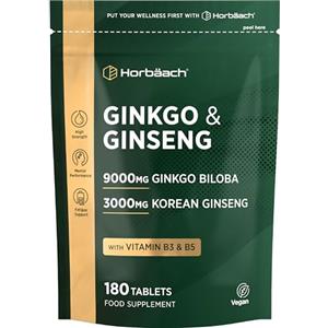 Horbäach Ginkgo Biloba e Ginseng Integratore | Ginkgo 9000 mg e Radice di Ginseng Coreano 3000 mg | 180 compresse vegane | di Horbaach