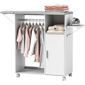 HOMCOM Mobile Asse da Stiro Pieghevole con Ruote, 127x42.5x99cm Bianco | Freno, Portaferro da Stiro, Barra Appendiabiti, Ripiani Regolabili, Lavanderia, Bagno