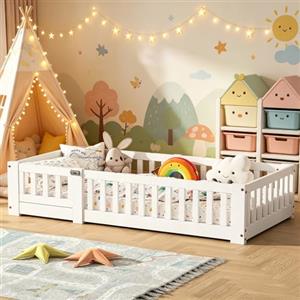 LKPOMI Letto da pavimento 80 x 160 cm, culla con protezione anti-caduta e rete a doghe, letto Montessori per bambini, in legno di pino massiccio, bianco (bianco, 80 x 160 cm)