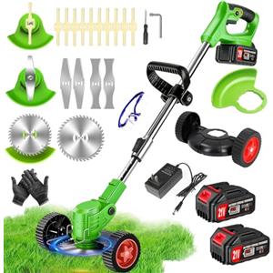 FISIYINDZ Decespugliatore a Batteria, Tagliabordi Elettrico 21V,Tagliaerba a Batteria con 2 2.0Ah Batterie e 4 Tipi di Lame, Ruote Rimovibili, Decespugliatori da Giardino Altezza Regolabile per Prati,Arbusti
