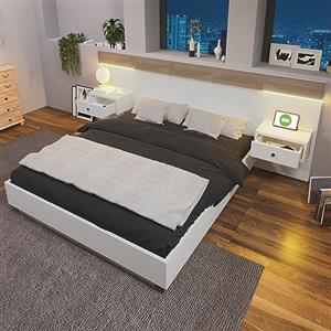 A ALFRESCOOL Impianto letto matrimoniale 180 x 200 cm, letto in legno con 2 comodini LED e presa USB C, testiera con luce da lettura, camera da letto completa, set in rovere Sonoma, senza materasso