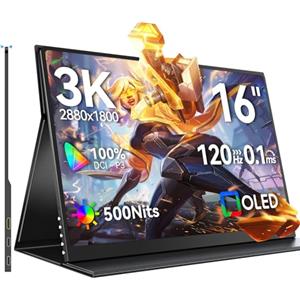 UPERFECT 3K OLED 120Hz 16" Monitor Portatile con 100000:1 500 Nit 2880 * 1800 16:10 DCI-P3 Schermo Mini HDMI USB C per PC Laptop Cellulare Console di Gioco, Alloggiamento in Metallo, Compatibile VESA
