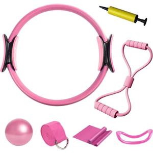 Gykutix 7 Pezzi Kit Pilates Completo X Casa Pilates Essential Kit, Attrezzi Pilates per Casa con Fascia Elastica, Palla per Allenamento a Casa e in Studio (Rosa)