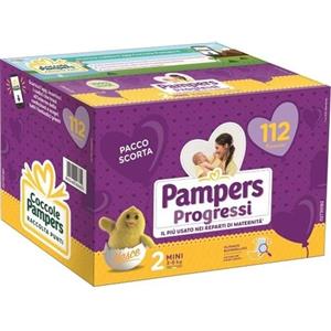 Pampers Progressi Mini 2 (3-6 kg) - Pannolini con cuore assorbente e indicatore di bagnato, confezione da 112 pezzi