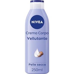 NIVEA Crema Corpo Vellutante 250 ml, Crema idratante corpo 72h arricchita con Acido Ialuronico Puro, Burro di Karité e Siero Nutrimento Intenso, Crema corpo idratante pelle secca