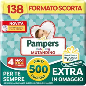 Pampers Baby Dry Mutandino Maxi, Taglia 4 (8-15 kg), Formato Scorta, Barriera Stop&Protect, Anti-Fuoriuscite, Fascia Elastica, Asciutto 12h, Cambio Facile, 138 Pannolini Bambino + 500 Punti Omaggio