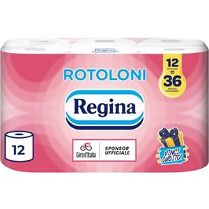 Regina Rotoloni Regina - 12 Maxi Rotoli di Carta Igienica, 500 Fogli a 2 Veli, Lunghi Più del Doppio dei Normali Rotoli, Confezione 60% in Plastica Riciclata, Carta 100% Certificata FSC