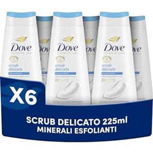 Dove Bagnoschiuma Scrub Delicato, Bagnodoccia Idratante, Formula Delicata sul Microbioma della Pelle, con Agenti Idratanti Vegetali, Senza Solfati SLES, Bagnodoccia Uomo e Donna, 6 Pezzi da 225 ml