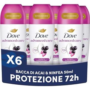 Dove, Deodorante Roll On Advanced Care Açai, Antitraspirante, Formula Delicata Con Tripla Azione Idratante, Protezione Fino a 48 Ore, Unisex, 6 Pezzi da 50 ml