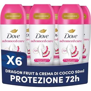 Dove Deodorante Roll On Advanced Care Dragon Fruit & Coconut Cream, Deodorante 48 Ore Protezione Sudore e Odori, Formula Idratante e Delicata, Ripara la Pelle dopo la Rasatura, 6 Pezzi da 50 ml