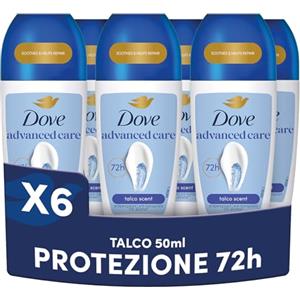 Dove, Deodorante Roll On Advanced Care Talco, Deodorante Antitraspirante, Formula Delicata Con Tripla Azione Idratante, Protezione Fino a 48 Ore, Deodorante Uomo e Donna, 6 Pezzi da 50 ml