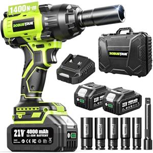Robustrue 1400 N·m 1/2" Avvitatore a impulsi a batteria, motore brushless ad alta coppia, 2400 giri/min, 2×4,0Ah batterie, caricatore rapido, per camion, camper, tosaerba