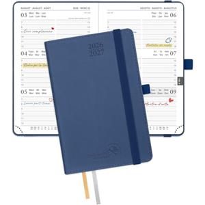 POPRUN Agenda 2026 2027 Settimanale Piccola 16 x 10,5 cm, Diario Scuola A6 17 Mesi da Ago.2026 a Dic.2027, Copertina Morbida in Pelle Vegana, Carta Spessa da 80 GSM, Blu Marino