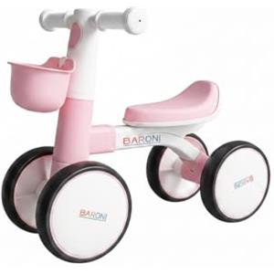 Baroni Toys Bici Senza Pedali Rosa a 4 Ruote per Bambini dai 3 Anni, Primi Passi con Luci e Suoni, Cestino Portaoggetti, Balanced Bike, Ideale per Sviluppo Motorio e Coordinazione, 55x22x42cm