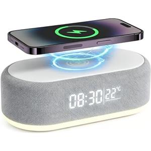 Nimbust Radio Sveglia Caricatore Induzione 15W Altoparlante Bluetooth 5.3 & Radio FM, Sveglia Digitale con Luce Notturna LED Regolabile, Doppia Allarme, Porta USB, Ideale per Camera e Ufficio, Regalo