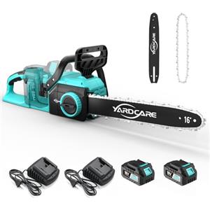 YARDCARE Motosega a batteria 16 pollici, motore brushless da 1600 W, velocità della catena 21 m/s, con display LED e 2× batterie da 4 Ah, tensionamento senza attrezzi e lubrificazione automatica