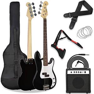 3rd Avenue Kit pacchetto basso elettrico beginner dimensioni standard 4/4 con amplificatore da 15 W, custodia, cavo di connessione, tracolla, stand e corde di riserva - Nero
