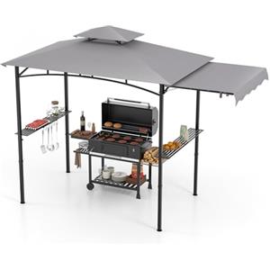 HOMASIS Gazebo per Barbecue con Tettoia Laterale, Pergolato da Giardino con Doppio Tetto, 2 Tavoli e Ganci, Pergola Addossata per Esterno, Gazebo per griglia/BBQ (Grigio, 318 x 153 x 250 cm)