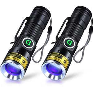 DARKDAWN Torce UV 365nm 395nm Ricaricabile USB, LED Lampada di Wood Ultravioletti Torcia Luce Nera, Mini Portatile Lampada UV per Ambra, Rivelatore Urina per Gattidi Cani 400nm, 2 Pezzi (UV 365nm)