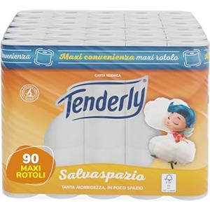 Tenderly Salvaspazio, 90 Rotoli di Carta Igienica, 2 Veli, 220* Strappi per Rotolo, con Estratti Naturali di Malva e Calendula, Dermatologicamente Testato per Pelli Sensibili