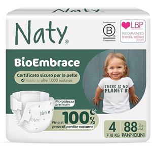 Naty BioEmbrace Pannolini per Bambini | Certificati per pelle sensibile | Protezione anti-perdite fino al 100% | Morbidezza vegetale | Senza profumo & cloro | Taglia 4 (7-18 kg), 88 pz