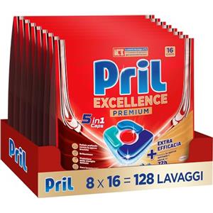 Pril Excellence Premium 5in1 Caps Lavastoviglie, Detersivo lavastoviglie contro lo sporco ostinato e secco da 72h, Pastiglie efficaci anche nei cicli brevi ed eco, Formato da 8x16 (128 lavaggi)